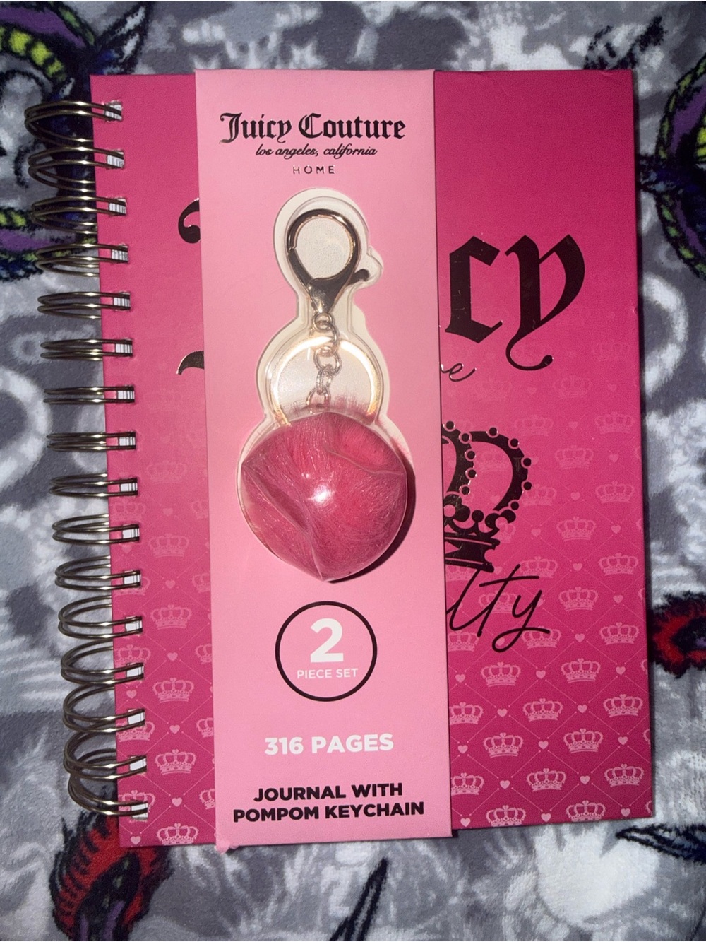 Juicy Couture Hot Pink Spiral Journal with Pom Pom Keychain